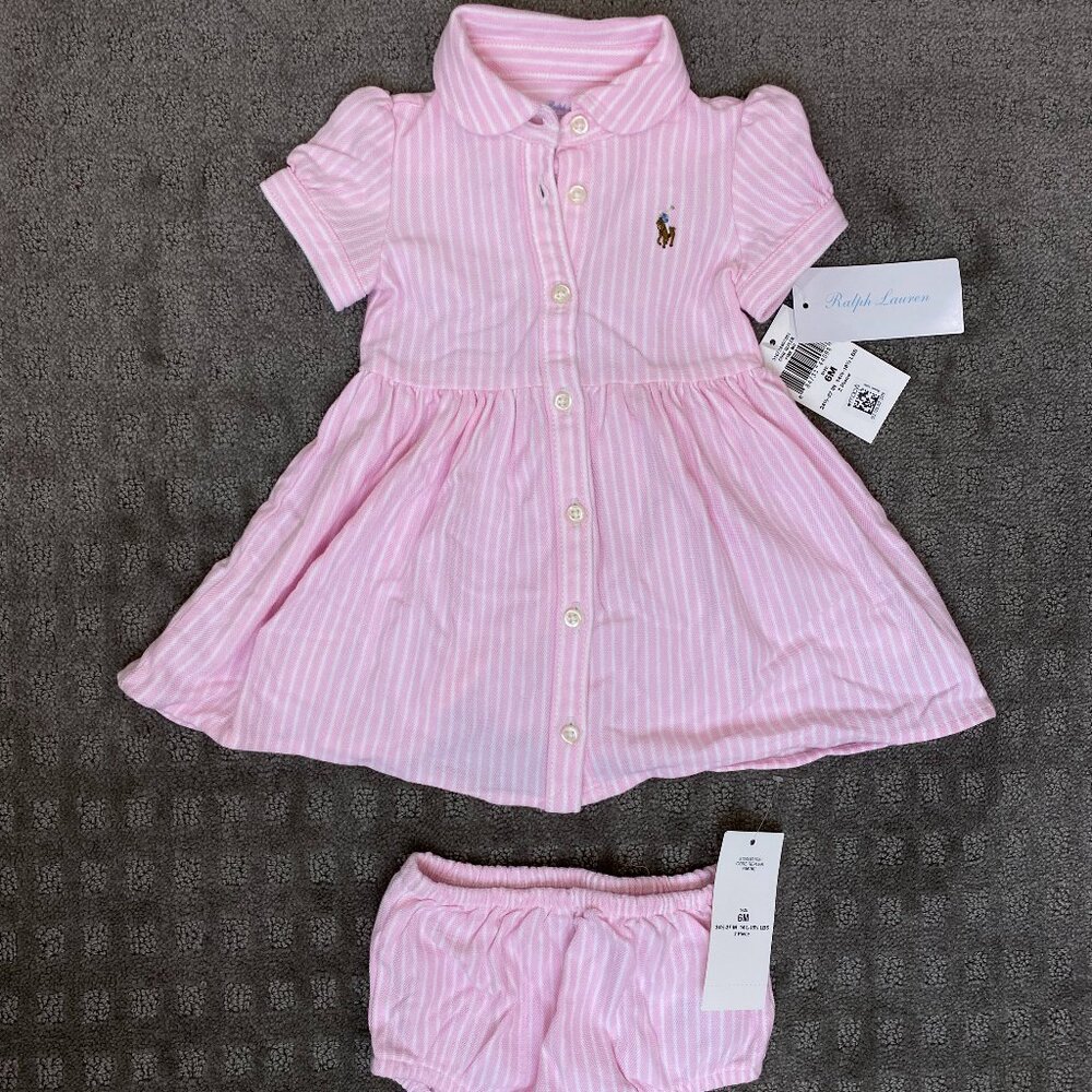 NWT: Ralph Lauren Pink Striped Knit Oxford Shirtdress & Bloomer - 6M
